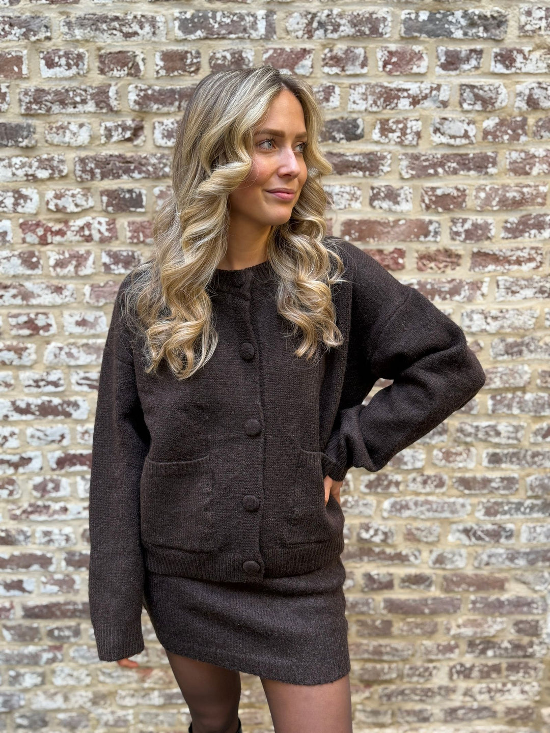 Set Jada Bruin - Gebreide Vest & Rok Set